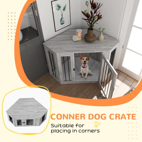 PawHut Dog Crate Furniture, Side Table Dog Kennel with Cushion, Large Door, for Large Dogs - Grey