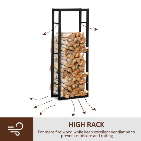 HOMCOM Metal Firewood Log Holder Tall Firewood Rack Indoor Outdoor Fireplace Wood Storage Shelf with Side Rails, Rust-Resistant, Black, 60W x 25D x 150H cm