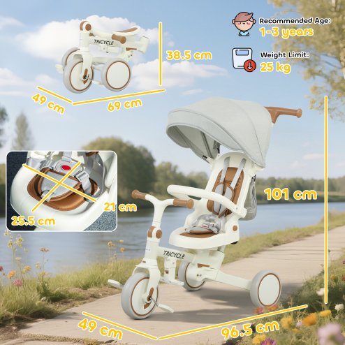 AIYAPLAY Kids Trike, Foldable Toddler Tricycle 5 in 1 with Adjustable Parent Handle & Removable Canopy, 5-point Safety Harness, Footrest, Storage Bag, for Ages 1-3 Years, Cream White