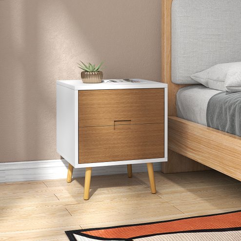 HOMCOM Bedside Table, Modern Nightstand with 2 Drawers, Small Sofa End Table with Storage and Solid Wood Legs for Bedroom, Living Room, Brown
