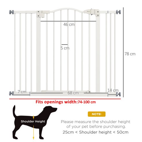 PawHut Pressure Fit Dog Stair Gate No Drilling Safety Gate Auto Close for Doorways, Hallways, 74-100cm Adjustable, 78cm Tall, White