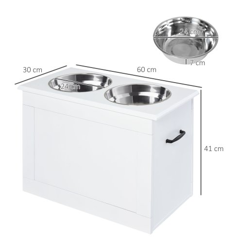 PawHut Raised Dog Bowls, Pet Feeding Storage Station with Two Stainless Steel Bowls, Base, for Large Dogs, White