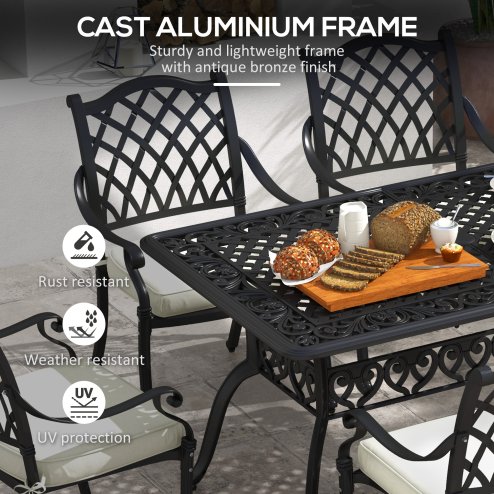 Outsunny 7 PCs Garden Patio Dining Set with Parasol Hole, Cast Aluminium Outdoor Furniture Set with Six Cushioned Chairs and Rectangle Dining Table, for Garden, Lawn, Deck, Black