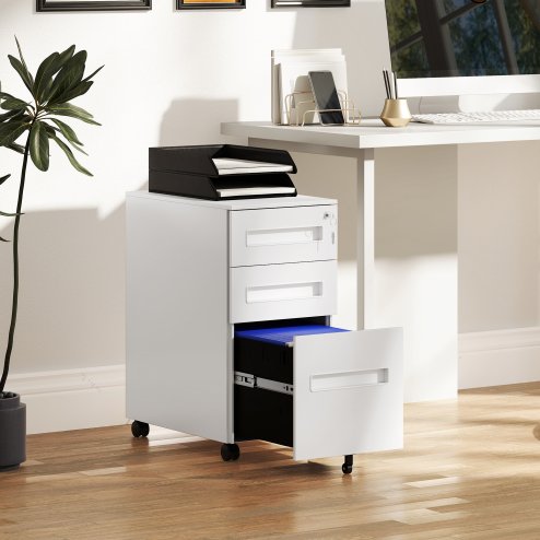 Vinsetto Metal Mobile File Cabinet with Wheels, Lockable 3 Drawer Filing Cabinet for A4, Legal, Letter, Compact Under Desk Storage Unit with Pre-Assembled Body for Home Office, 30 x 43.5 x 60cm, White
