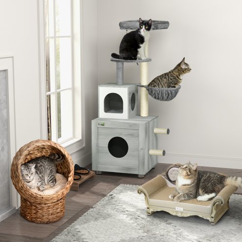 PawHut Cat Tower with Litter Box Enclosure, Cat Tree for Indoor Cats with Cat House, Scratching Post, Hammock, Grey