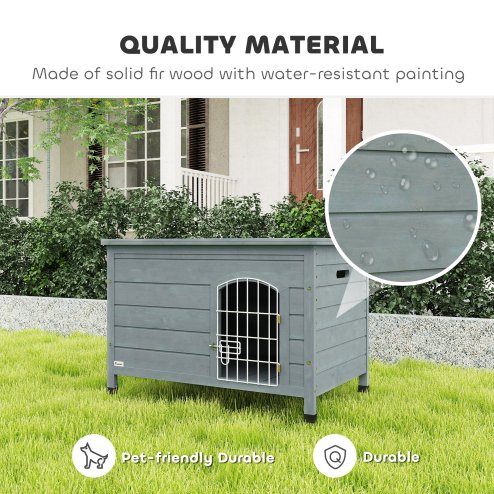 PawHut Wooden Dog House with Removable Bottom, Outdoor Dog Kennel with Wire Door, Openable Top, Pet Shelter for Small Dogs, 80 x 55 x 53.5cm, Dark Grey