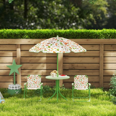 AIYAPLAY Children Table and Chair Set with Adjustable Parasol, 2 Folding Chairs, Picnic Table, Fox Pattern Outdoor Patio Set, for Ages 2-5 Years, Green