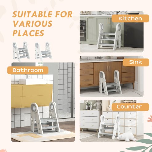 AIYAPLAY Kids Step Stool, Foldable Toddler Kitchen Stool, Adjustable Standing Tower with Handle, Non-Slip for Bathroom, Sink, Kitchen, Counter, Toilet Potty Training, Grey