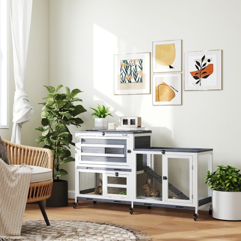 PawHut Rabbit Hutch with Run, 2-Tier Wooden Guinea Pig Hutch with Wheels, 2 Openable Tops, 3 Plastic Trays, Small Animal House Indoor for 2-3 Bunnies, Guinea Pigs, 147 x 45 x 89.5cm, Grey