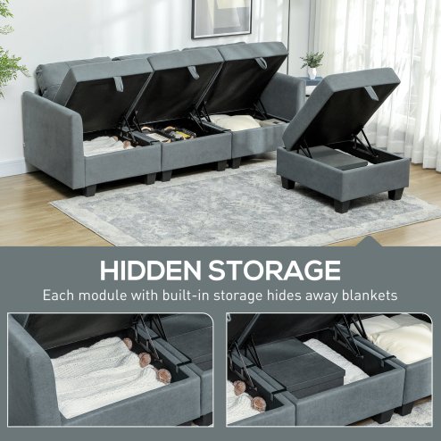 HOMCOM Convertible Modular Sectional Sofa with Storage, Tufted 3 Seater Sofa Set, L Shaped Couch with Ottoman, Wood Frame for Living Room, Dark Grey