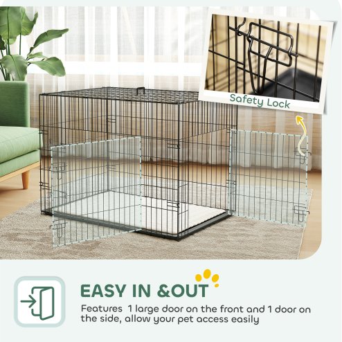 PawHut Dog Crate, Folding Metal Dog Cage with Two Doors, Tray, Soft Cushion, for Large Dogs, 91 x 62 x 68 cm, Black