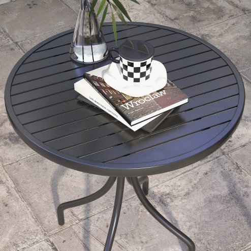 Outsunny 66cm Garden Side Table, Round Bistro Coffee Table, Outdoor Patio Table with Steel Frame and Slat Tabletop for Balcony and Porch, Black