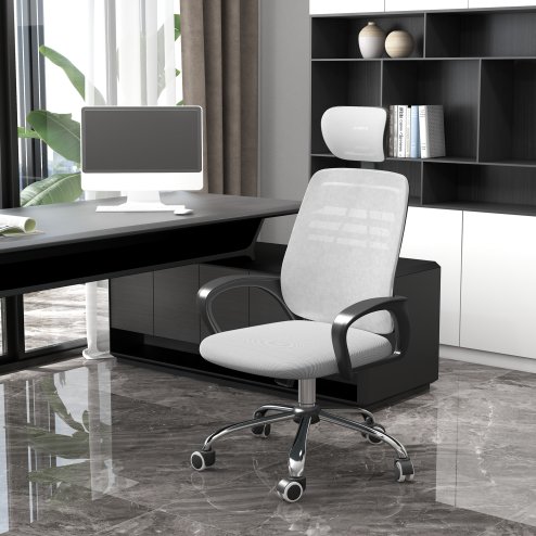 Vinsetto Mesh Office Chair, Ergonomic Computer Desk Chair with Adjustable Headrest, Lumbar Back Support, Armrest, Adjustable Height, Swivel Wheels, Grey