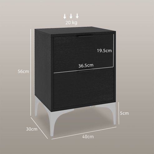 HOMCOM Bedside Tables Set of 2, Modern Nightstand with 2 Drawers, Small Sofa End Tables with Storage and Steel Legs for Bedroom, Living Room, Black