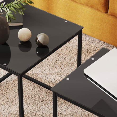 HOMCOM Nest of Tables, Set of 2 Coffee Table, Side Tables with Tempered Glass Desktop and Metal Frame for Living Room, Bedroom, Office