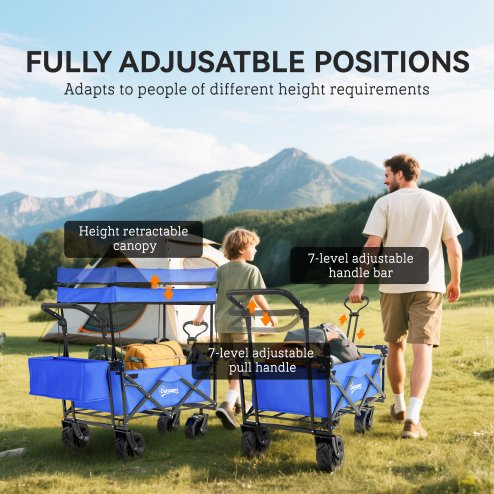 Outsunny 120L Festival Trolley on Wheels, Folding Camping Trolley Cart with Removable Canopy, All-Terrain Wheels, Adjustable Handle and Side Pockets for Garden Beach Fishing Shopping, Blue