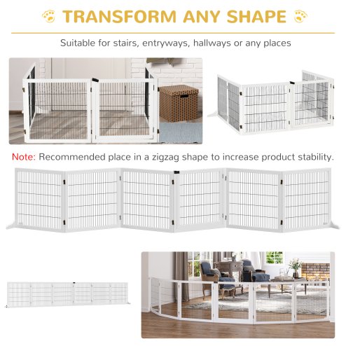 PawHut Freestanding Pet Gate, 6 Panel Foldable Playpen, Wooden Dog Gate with 2 Support Feet, for Stairs, Doorway - White