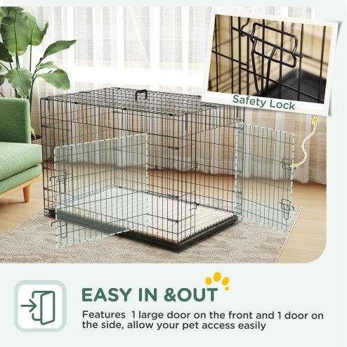 PawHut Dog Crate, Folding Metal Dog Cage with Two Doors, Tray, Soft Cushion, for Extra Large Dogs, 105 x 70 x 75 cm, Black