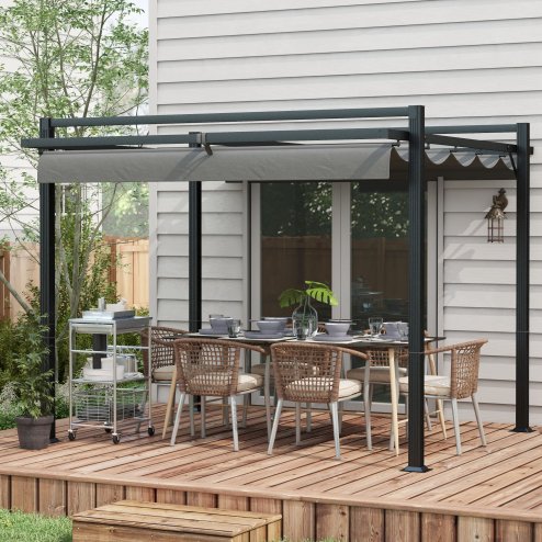 Outsunny 3 x 3(m) Pergola with Retractable Roof Canopy, Aluminium Frame Garden Gazebo Outdoor Sun Shade Shelter for Grill, Patio, Deck, Dark Grey