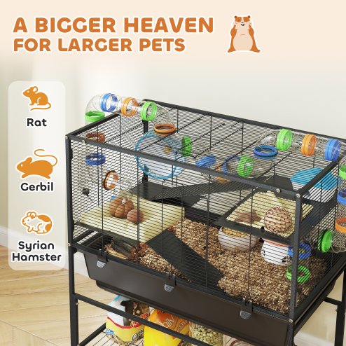 PawHut Hamster Cage, 3 Tier Large Gerbil Cage on Wheels with 17 cm Deep Tray, Storage Shelf, Big Exercise Wheel, Tube System, Hut, Platforms, Ramps, Food Dish, Water Bottle, for Syrian Hamsters, Rats