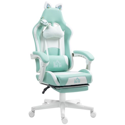 HOMCOM Gaming Chair for Adults with Cat Ears, Faux Leather Reclining Computer Chair with Footrest, Lumbar Support and Headrest, Height Adjustable Swivel Seat, Light Blue