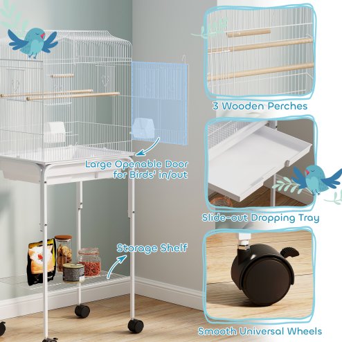 PawHut Bird Cage Budgie Cages for Finch Canary Parakeet with Stand Wheels Slide-out Tray Accessories Storage Shelf, White 46.5 x 36 x 124 cm