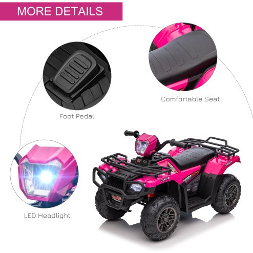 HOMCOM 12V Electric Quad Bike for Kids, Ride-On Car All Terrain Vehicle w/ Forward, Reverse Functions, Music, LED Headlights, for Ages 3-5 Years - Pink