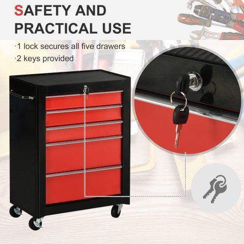 HOMCOM 5-Drawer Lockable Steel Tool Storage Cabinet with Wheels Handle 2 Keys Organisation Box Unit Chest Garage DIY Workshop Trolley Red