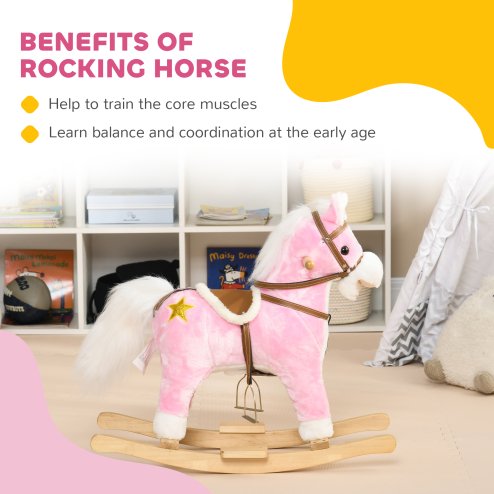 HOMCOM Kids Rocking Horse, Plush Ride On Horse with Music, Sound, Saddle, Wooden Base, Ride On Toy for Ages 3-6 Years - Pink