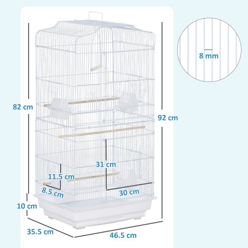 PawHut Bird Cage with Perches, Food Bowls, Swing, Parrot Cage for Budgie, Parakeet, Small Bird, 46.5 x 35.5 x 92cm, White