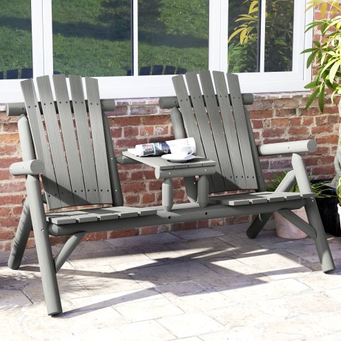 Outsunny Wood Patio Chair Bench 2 Seats with Centre Coffee Table, Garden Bench for Lounging and Relaxing Outdoors, Grey