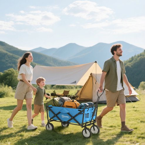 Outsunny 90L Festival Trolley on Wheels, Folding Camping Trolley Cart with Adjustable Handle, Portable for Outdoor, Garden, Shopping, Fishing, Blue