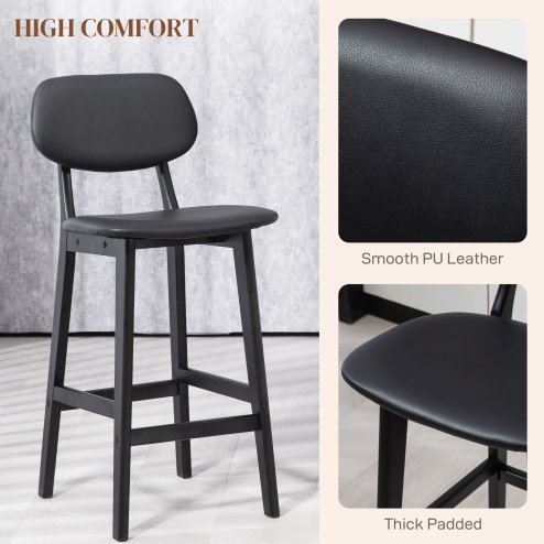 HOMCOM Bar Stools Set of 2, Breakfast Bar Chairs, PU Leather Upholstered Kitchen Stools with Backs, Footrests and Solid Wood Legs, Black