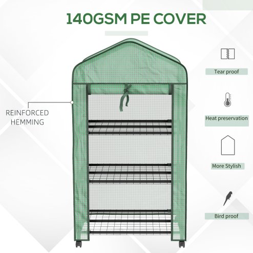Outsunny 3 Tier Mini Greenhouse with Reinforced PE Cover and Wheels, Portable Small Greenhouse with Roll-up Door and Wire Shelves, 130H x 69W x 49D cm, Green