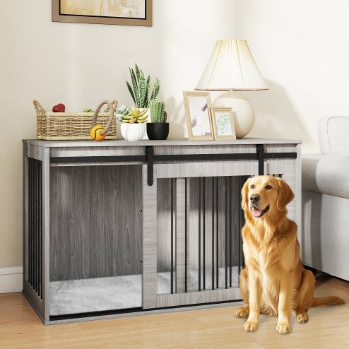 PawHut Dog Crate Furniture, Dog House Furniture Style for Extra Large Dogs, Dog Kennel with Removable Cushion for Indoor Use, 118 x 60 x 73 cm, Grey