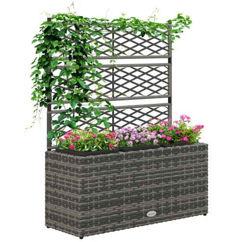 Outsunny 33L Garden PE Rattan Planter with Trellis, Free Standing Flower Raised Bed for Garden, Garden Planter for Climbing Plants, 84cm x 30cm x 107cm, Light Grey