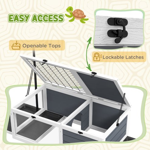 PawHut Tortoise House, Wooden Tortoise Table, Tortoise Enclosure with Adjustable Lamp Holder, Openable Lids, Pull-Out Trays - Grey