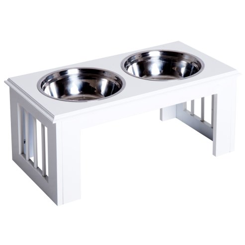 PawHut Raised Dog Bowl Feeding Bowls with Stand for Medium Dogs Elevated Pet Bowls Water Food Feeder 58L x 31W x 25H cm - White