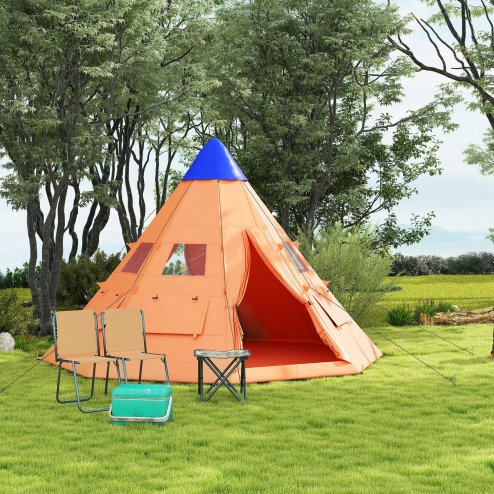 Outsunny 6 Men Tipi Tent, Camping Tent with Mesh Windows, Sewn-in Floor, Two Doors and Carry Bag, Easy Set Up, for Hiking Picnics Outdoor Night, Orange