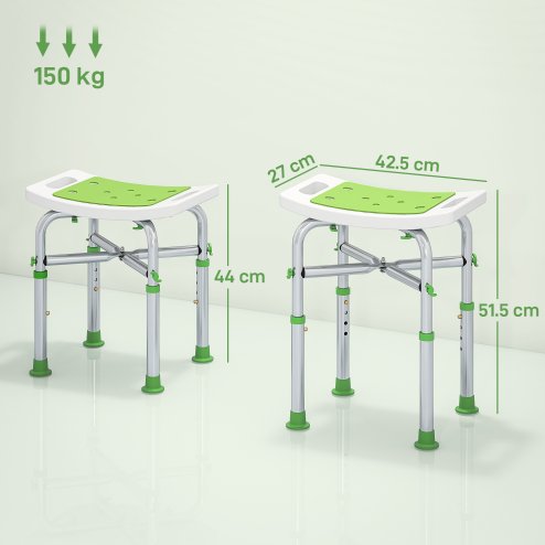 HOMCOM Shower Chair for the Elderly and Disabled, Adjustable Padded Shower Stool with Built-in Handle and Non-slip Suction Foot Pads, Green