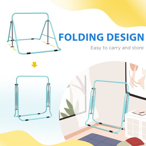 HOMCOM Kids Gymnastic Bar, Foldable Horizontal Bars w/ Adjustable Height, Training Bar w/ Triangle Base - Light Blue