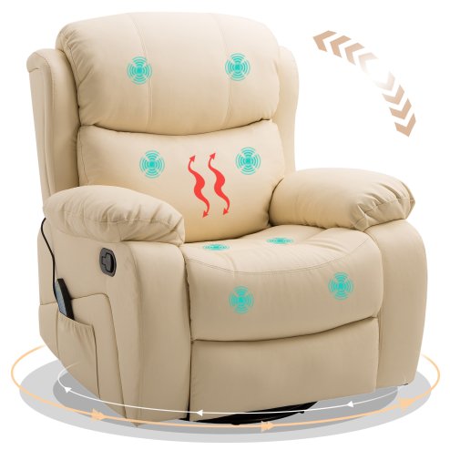 HOMCOM PU Leather Massage Recliner Chair with 8 Points and Heat, Manual Reclining Chair with Swivel Base, Footrest and Remote, Rocking Armchair, Beige