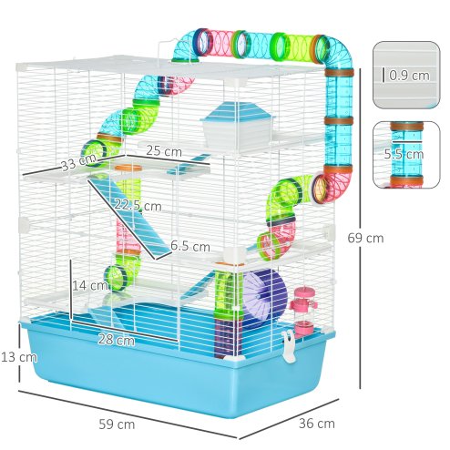 PawHut 5 Tier Hamster Cage, Gerbil Cage with Tube, Water Bottle, Exercise Wheel, Food Dish, 59L x 36W x 69H cm - Light Blue