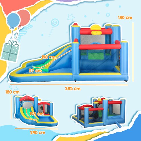 AIYAPLAY Bouncy Castle, Inflatable Bounce House with 550W Blower, Basketball Hoop, Long Slide, Dart Board, Carrying Bag, for Party, Park, Ages 3-8, 385 x 290 x 180 cm