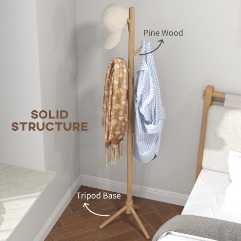 HOMCOM Coat Rack, Freestanding Coat Stand with 8 Hooks and Wooden Frame for Clothes, Bags, Hat Stand for Entryway, Hallway, Bedroom, Living Room