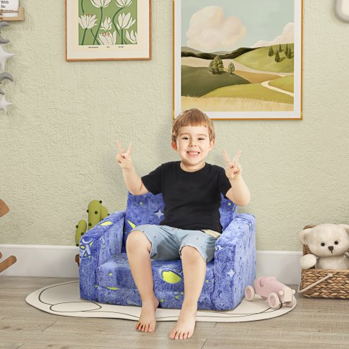 AIYAPLAY Kids Sofa Bed, 2 in 1 Kids Folding Bed Toddler Armchair with Glow in The Dark Cosmic Design, Washable Cushion and Cover, Convertible Kid Chair to Lounger for 1.5-3 Years Old, 1 Seater, Blue