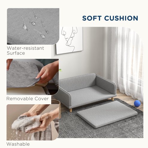 PawHut Dog Sofa for Medium Dogs, Pet Chair with Legs, Water-resistant Fabric, Removable Cover, Grey