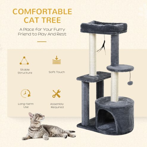 PawHut 100cm Cat Tree for Indoor Cats, Cat Tower Condo for Kittens with Cat House Sisal Scratching Posts, Hanging Ball Toys, Perches - Grey