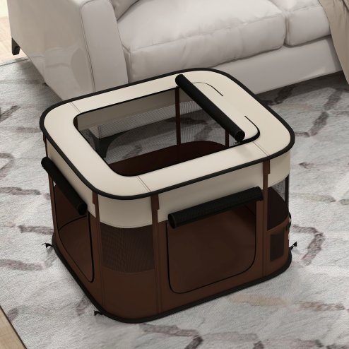 PawHut Dog Pen, Pet Playpen, Portable Foldable Dog Cat Playpen Soft Pet Cage with Storage Bag for Puppies, Rabbits, Kittens, Guinea Pigs, 74 x 60 x 45cm - Brown