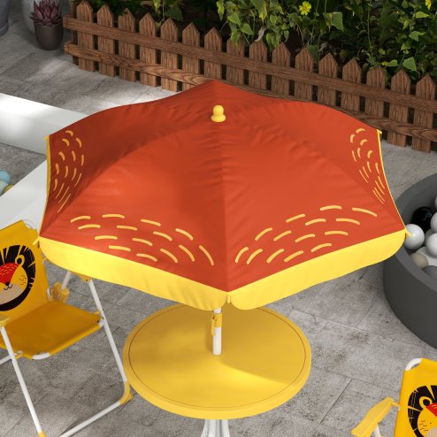 Outsunny Kids Bistro Set Children Table and Chair Set Garden Furniture Lion Themed 4 Pieces w/ Adjustable Parasol, Foldable Chairs for 2-5 Years - Yellow